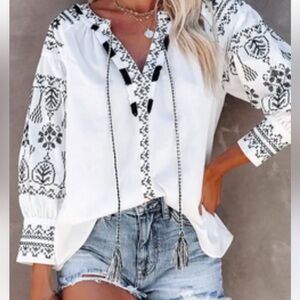 Vici NWOT Black and White Free the Roses White Blouse with Black Embroidery